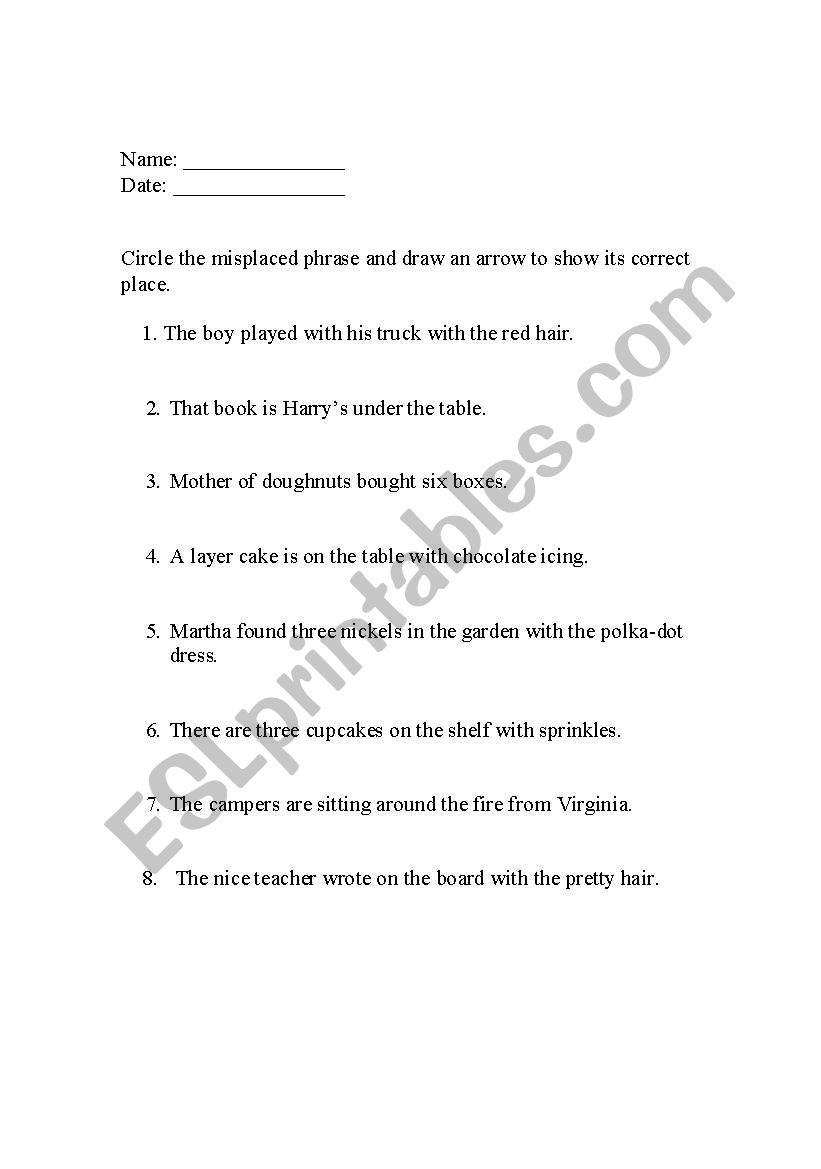 Misplaced Adjective Phrases worksheet