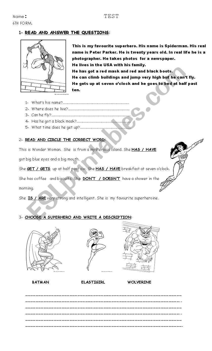 superheroes- test worksheet