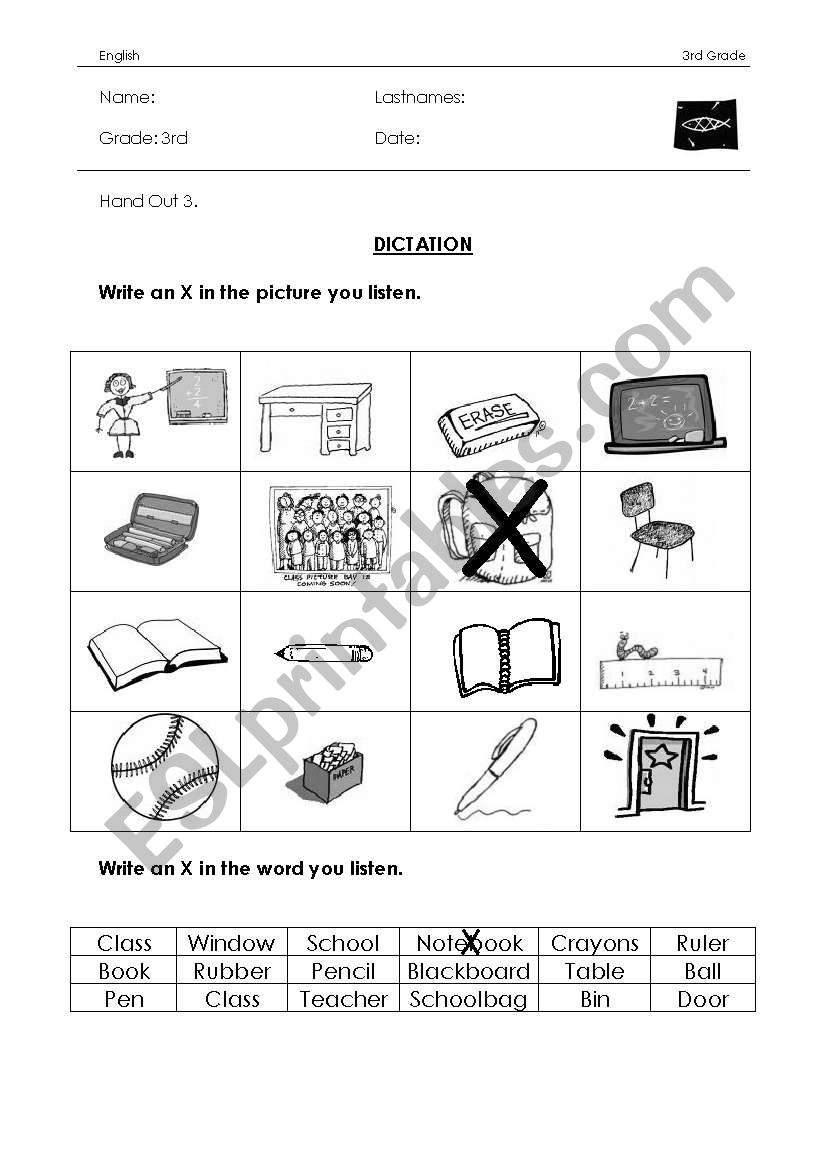School Dictation worksheet
