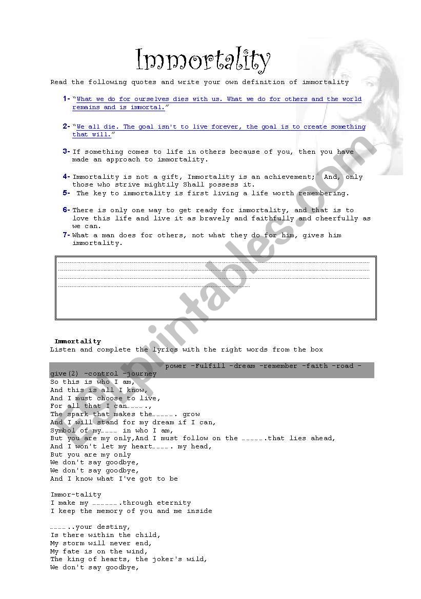 Immortality by Celine Dion worksheet