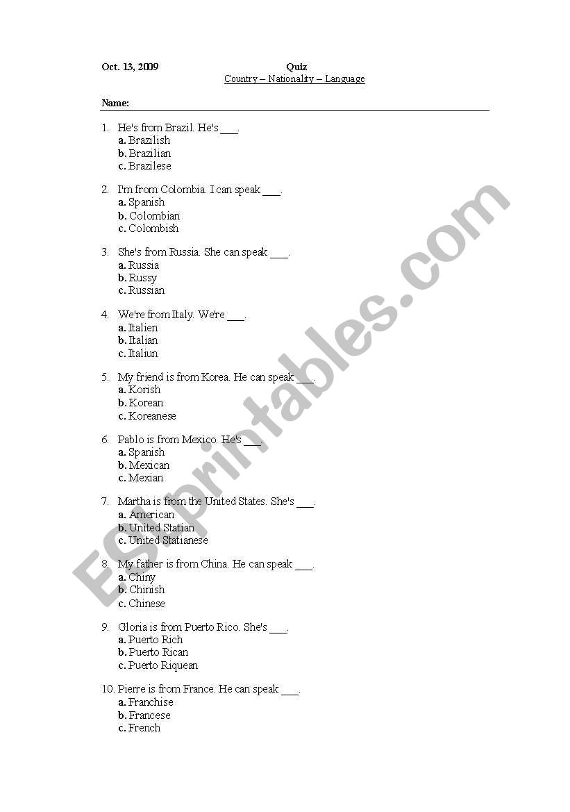 nationality, language and country worksheet