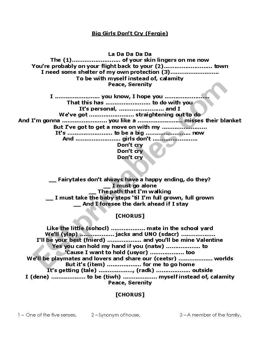 Song Big Girls Don T Cry Fergie Esl Worksheet By Tesea