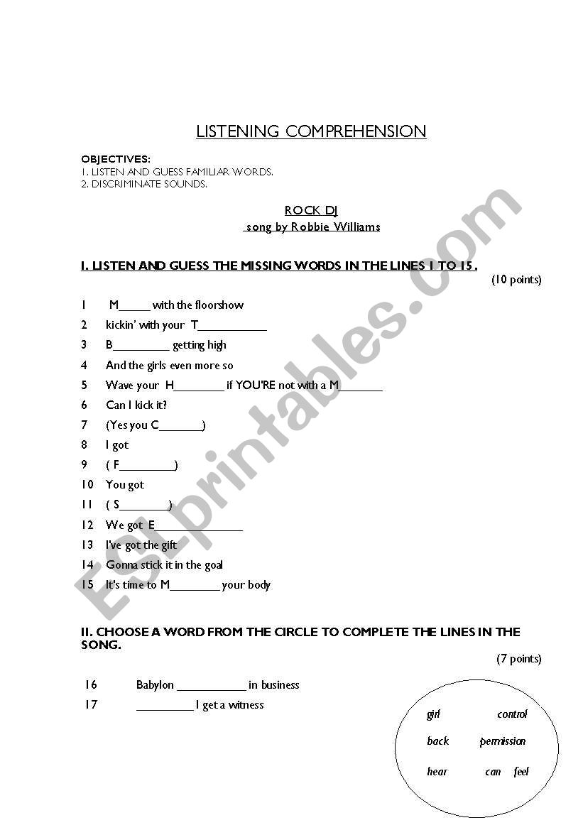 listening activities ROCK DJ worksheet