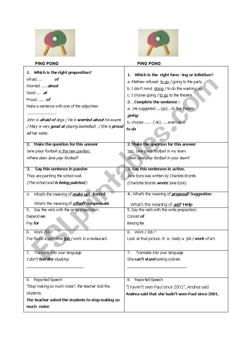 ping pong worksheet