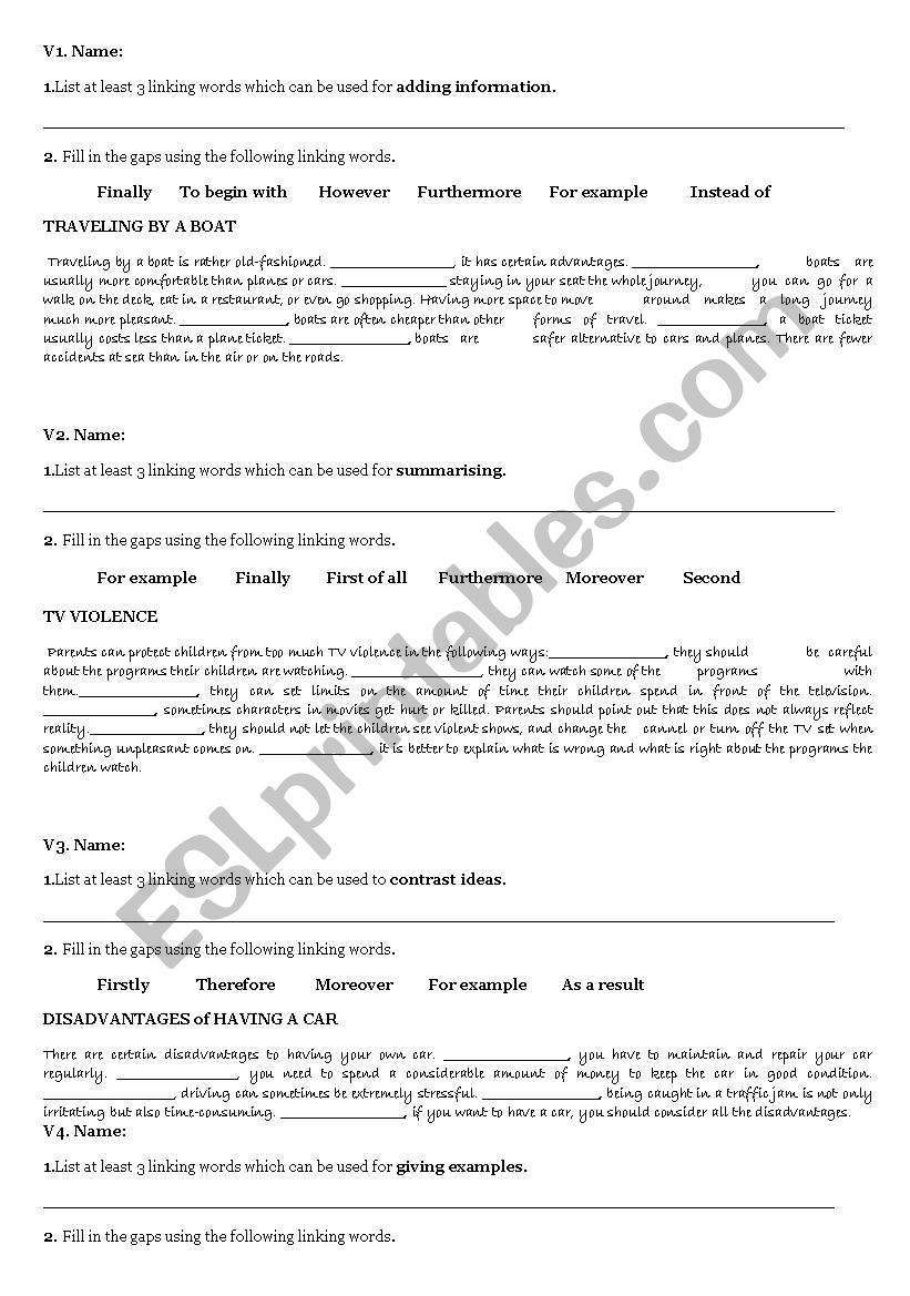 linking words worksheet