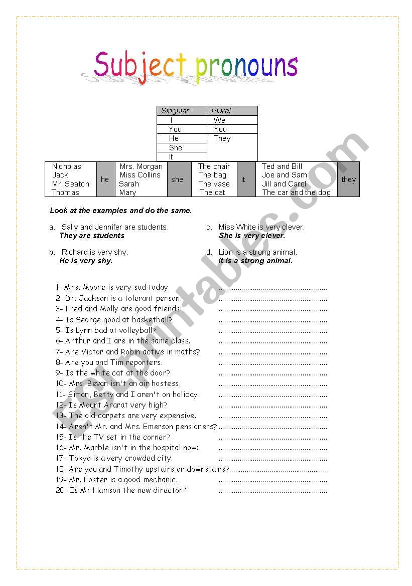 Subject pronouns worksheet