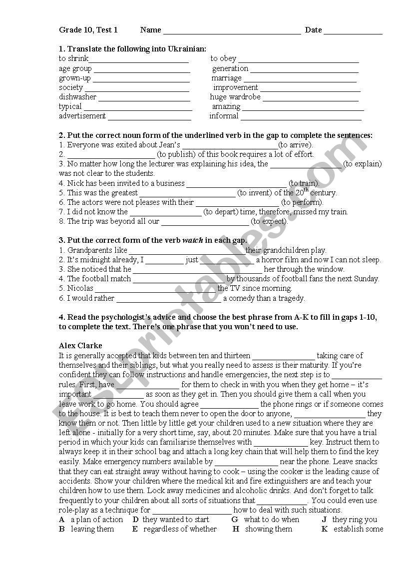 Family Life worksheet