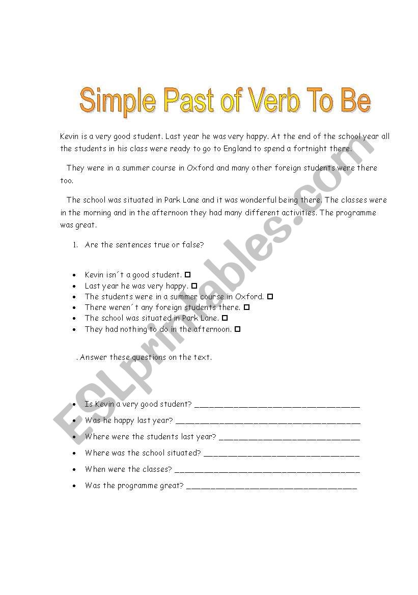 simple past the verb to be worksheet