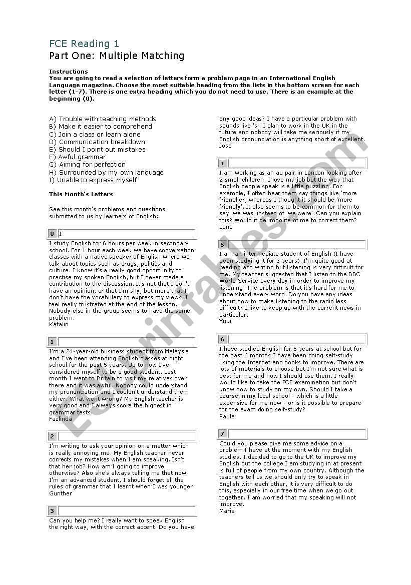 FCE reading test worksheet