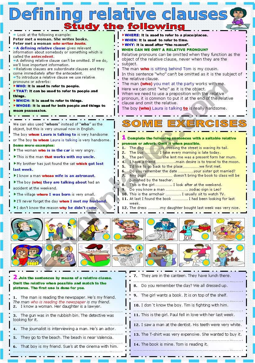 DEFINING RELATIVE CLAUSES - GRAMMAR AND EXERCISES (B&W VERSION INCLUDED)