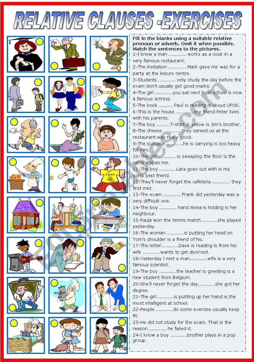 RELATIVE CLAUSES-EXERCISES (B&W VERSION INCLUDED)