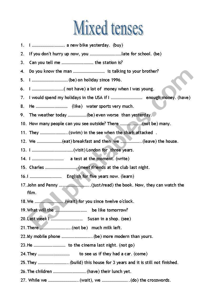 Mixed Tenses Worksheet For Class 7 With Answers