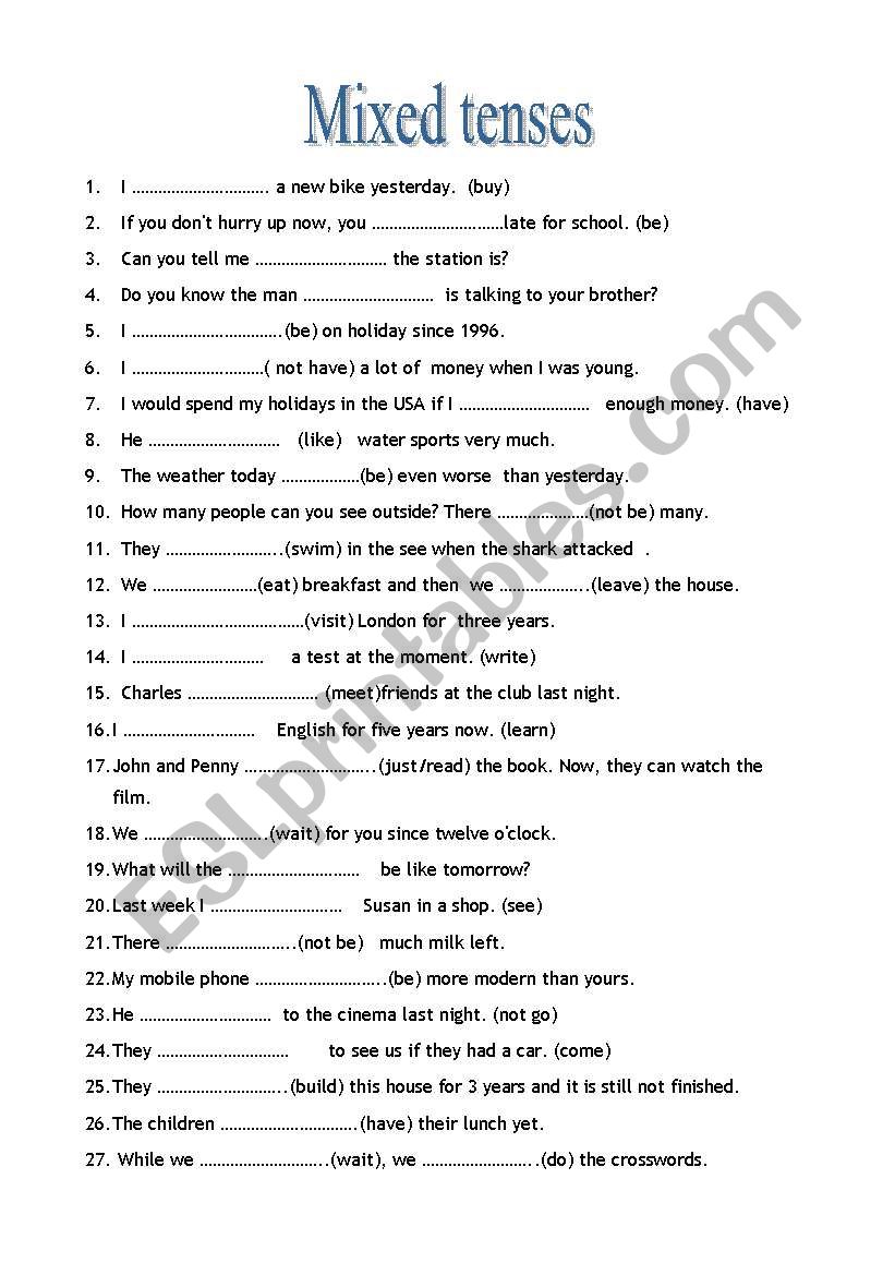 Mixed Tenses Worksheet pdf