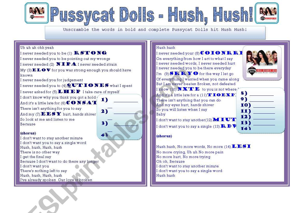 Song Activity - PCD Hush Hush worksheet