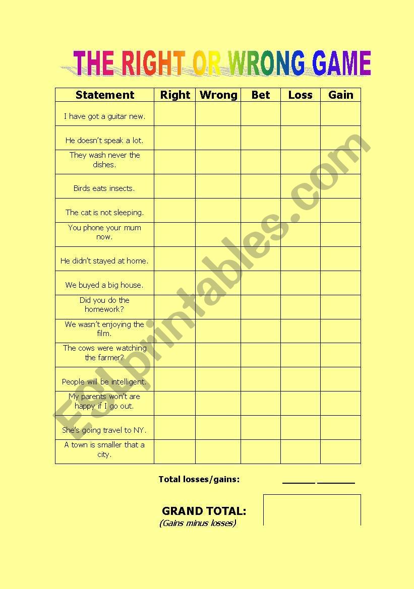 THE RIGHT OR WRONG GAME worksheet
