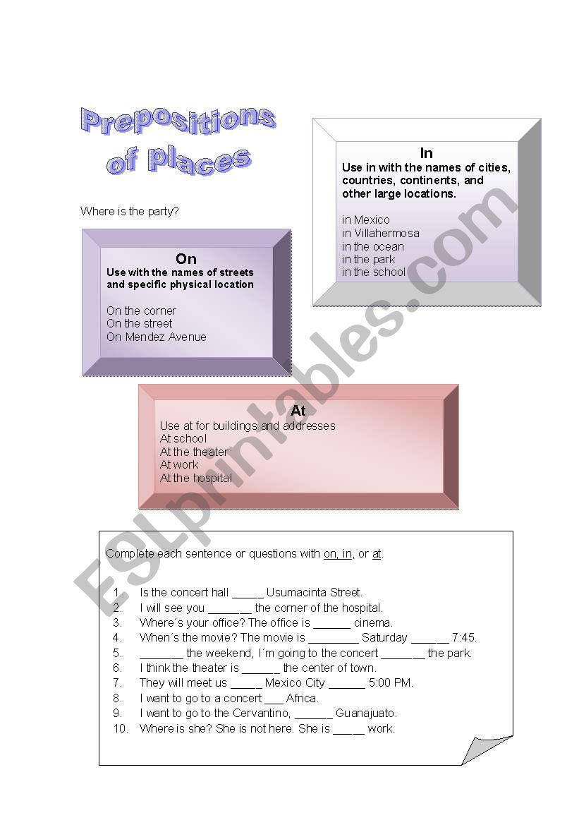 Prepositions of place worksheet