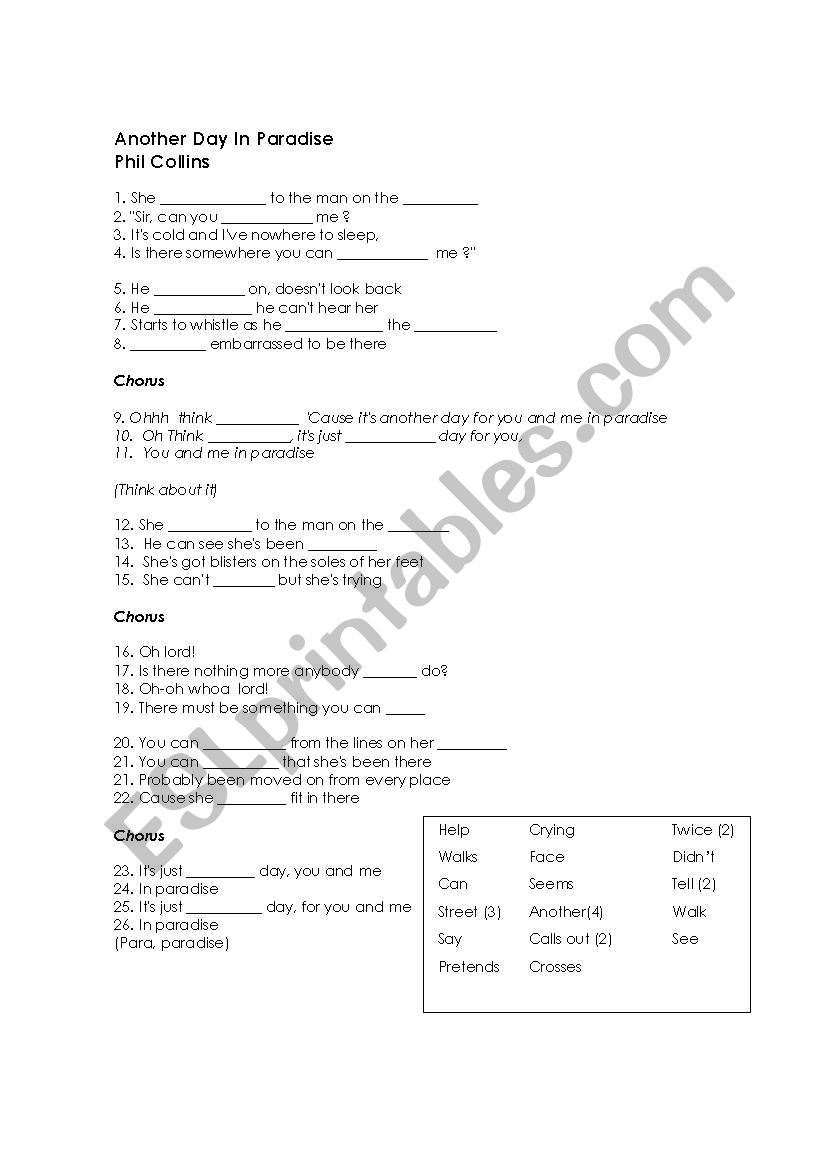 Another day in paradise worksheet