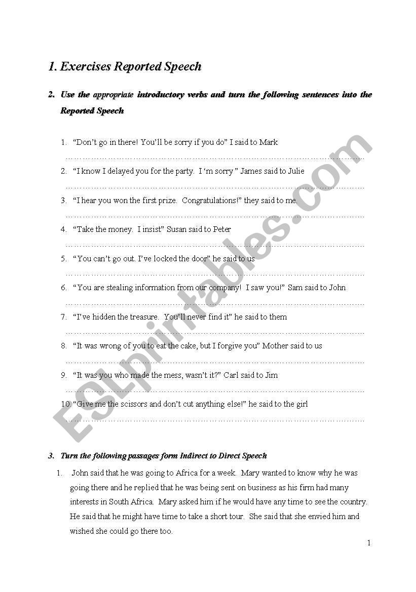 Exercises on Reported Speech worksheet