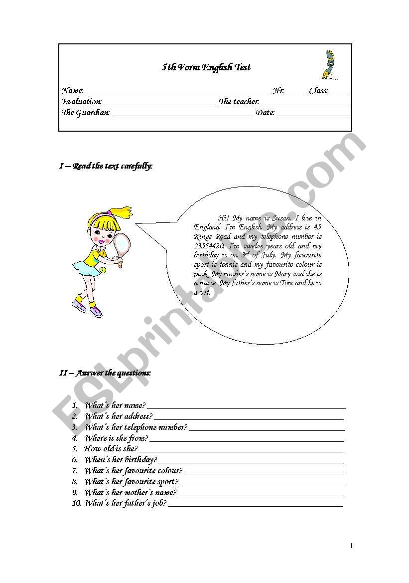 5th Grade English Test worksheet