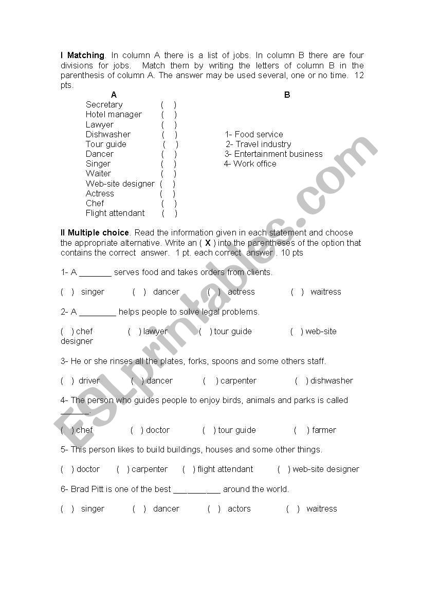 ocupation worksheet