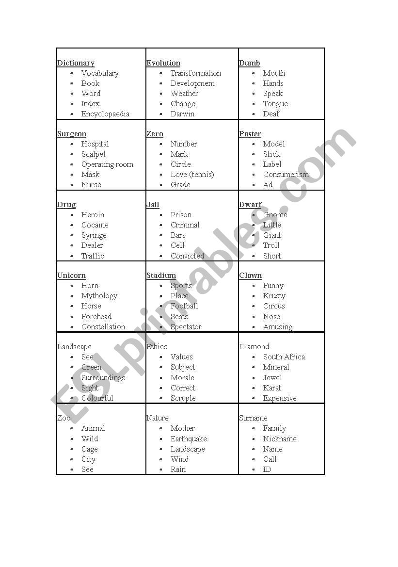 Game: Taboo worksheet