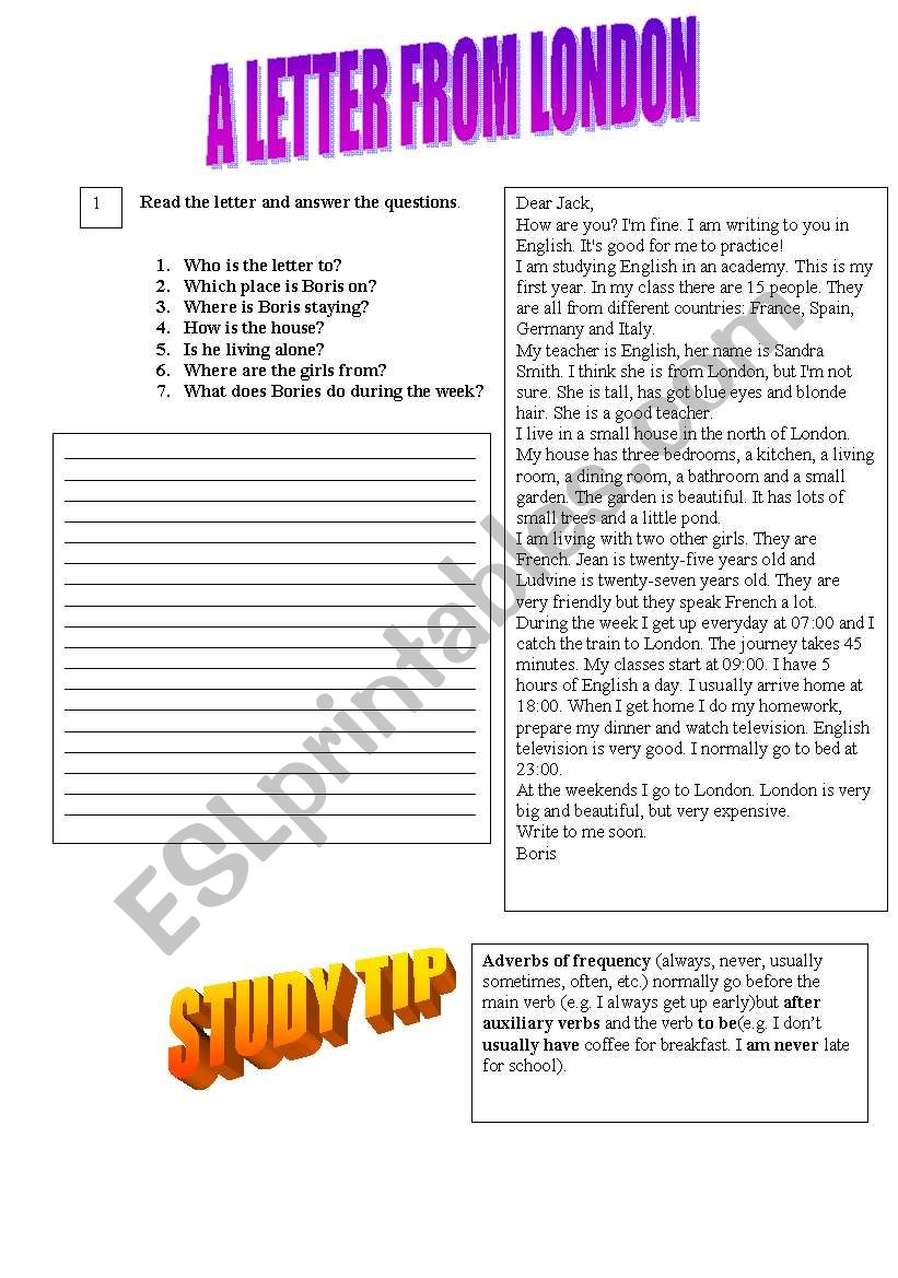 a letter from london worksheet