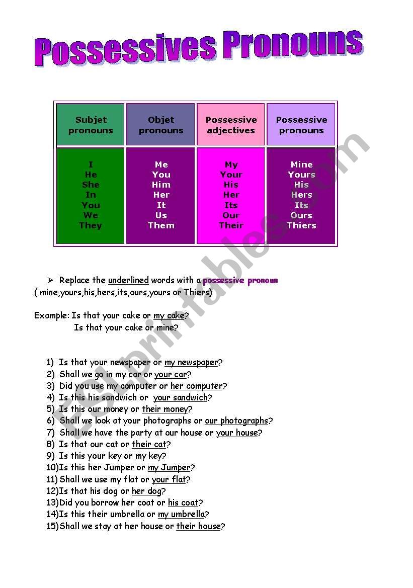 Possessives pronouns worksheet
