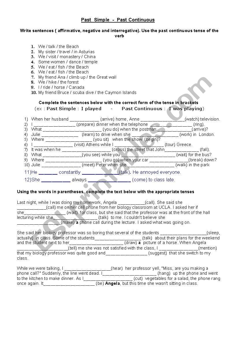 past continuos worksheet