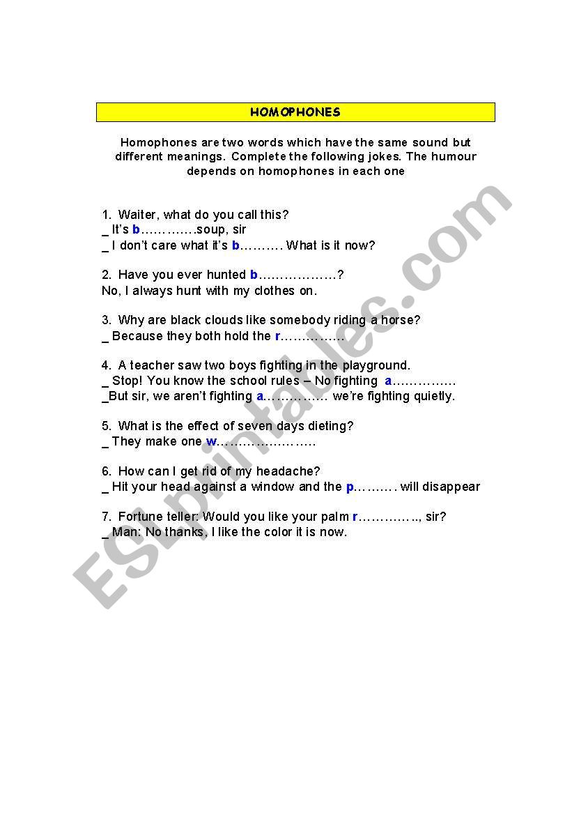 Homophones worksheet