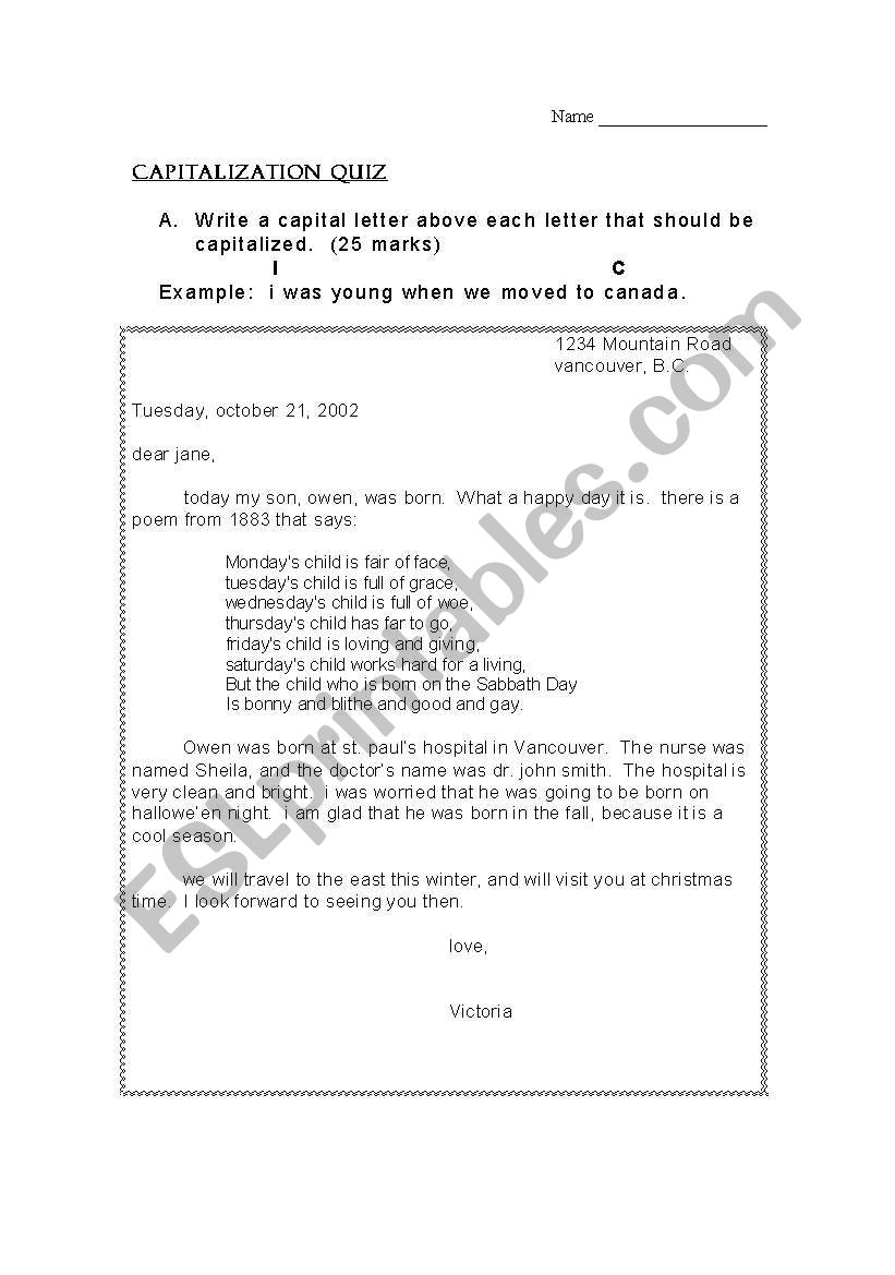 Capitalization Quiz worksheet