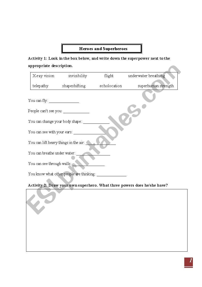 Heroes and Superheroes worksheet