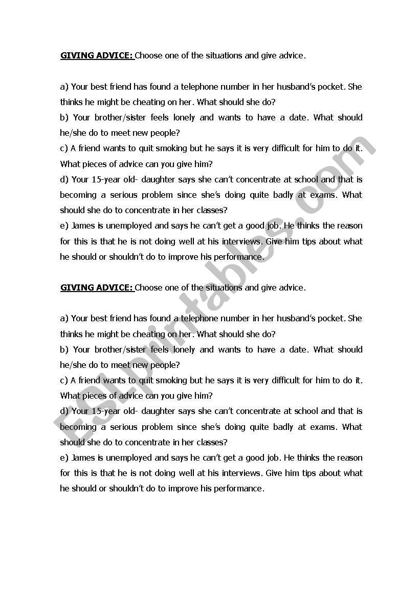 Giving Advice (Speaking) worksheet