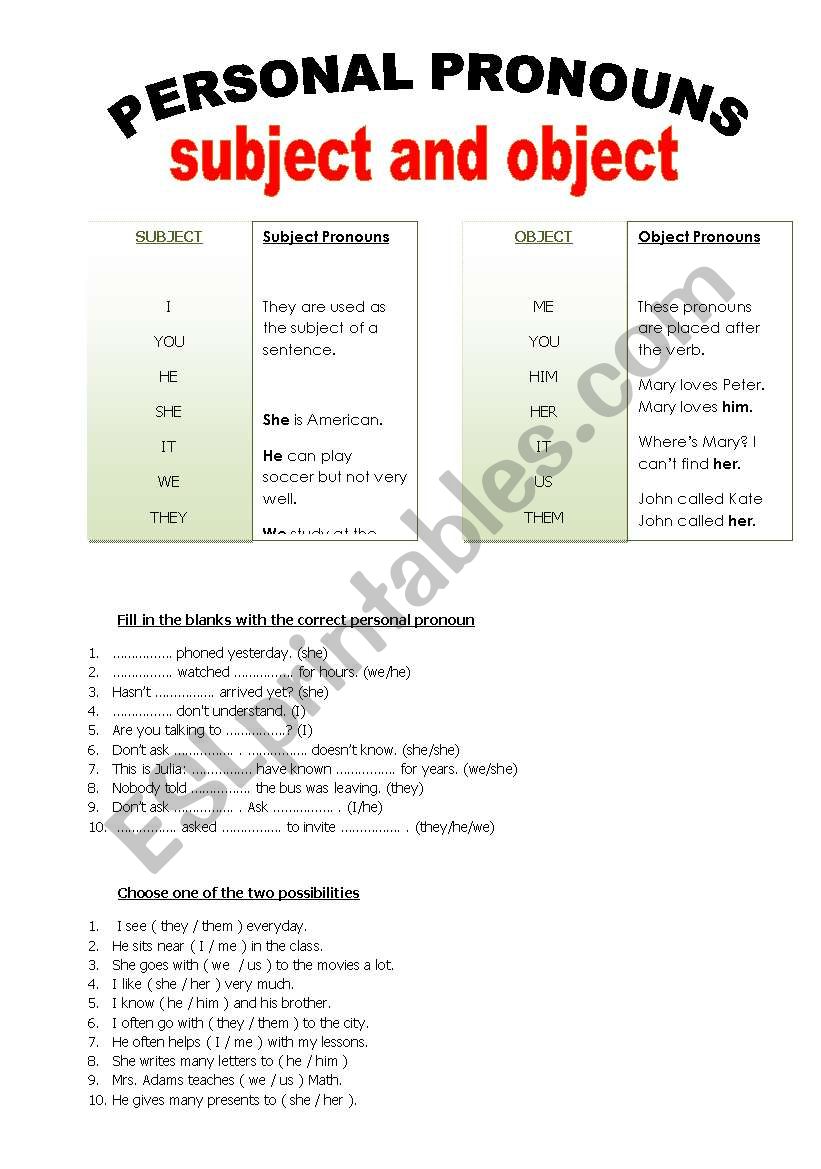 Personal Pronouns - Subject and Object