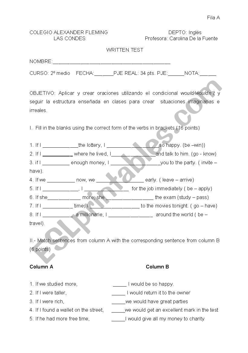 Exercsises on the use of would as a conditional