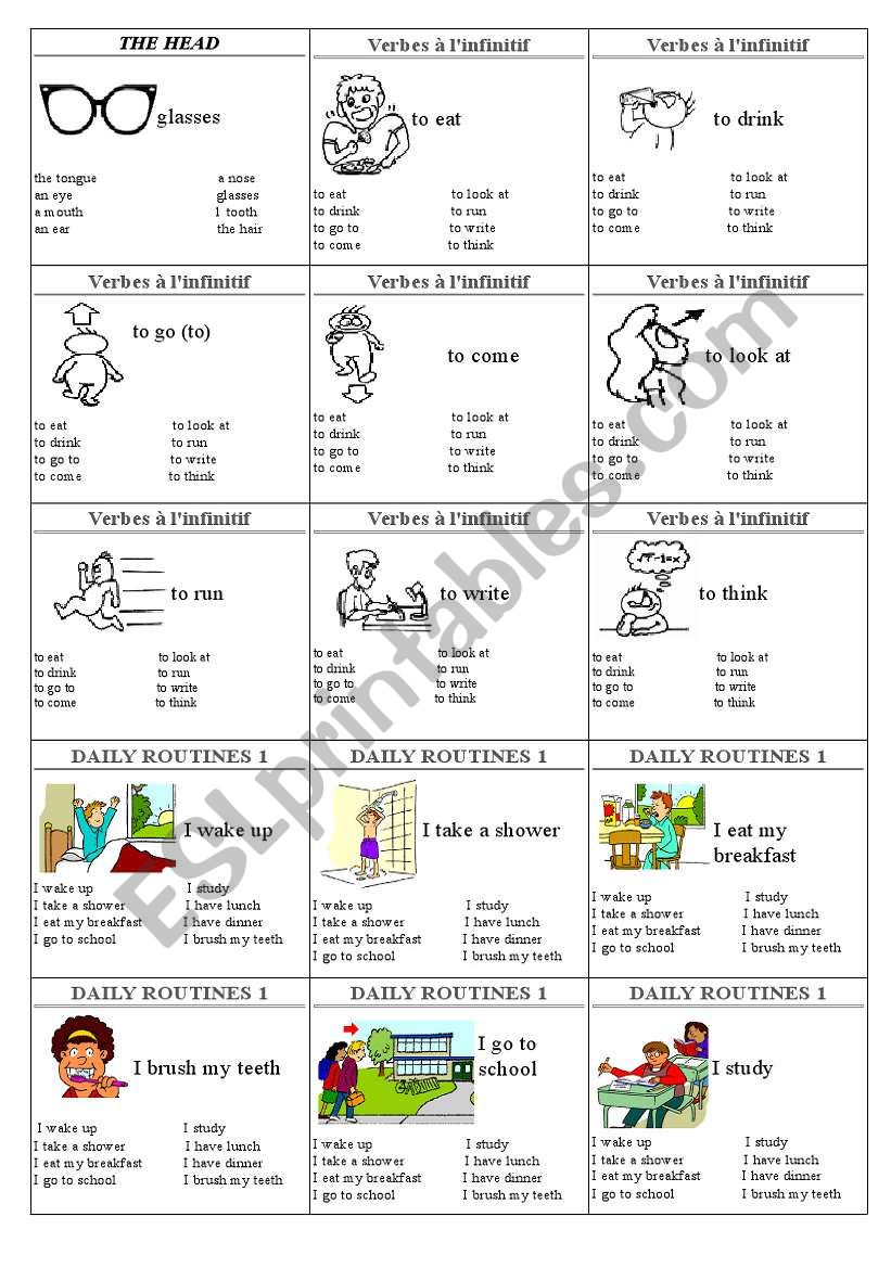family cards page 10 - the head, verbs, daily routines 1