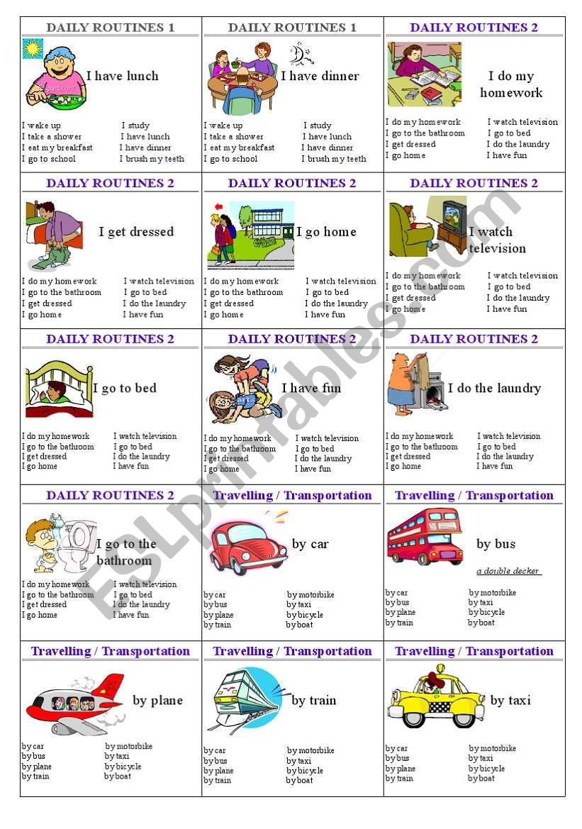 family cards page 11 - daily routines 1, dailly routines 2, transport