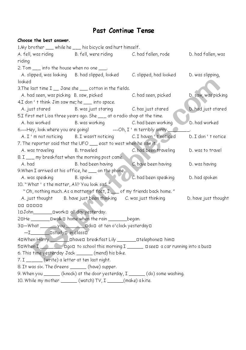 Past Countinue Tense worksheet