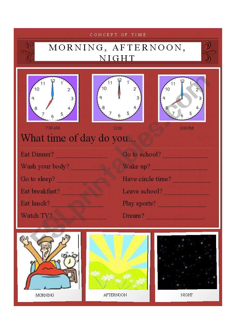 morning, afternoon, and night: of time ESL worksheet by