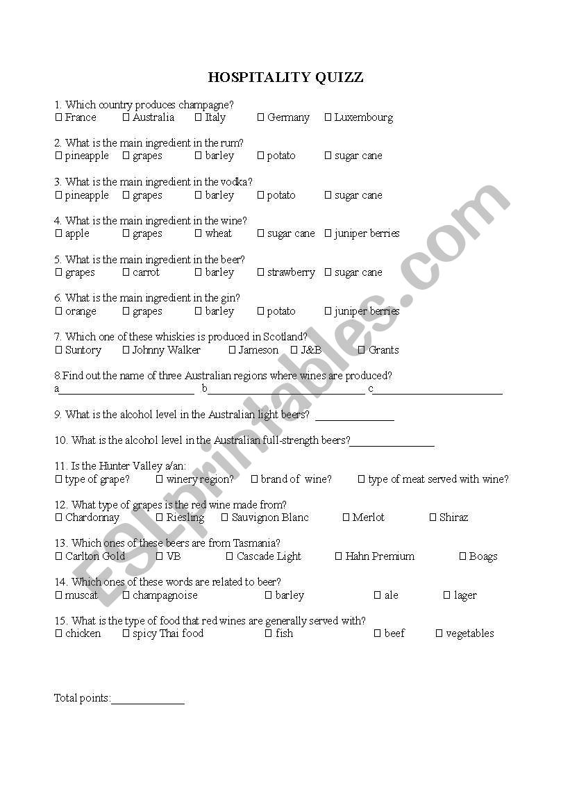 Hospitality Quiz - Beverage Knowledge