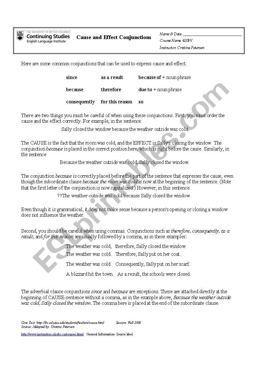 Cause and effect conjunctions worksheet