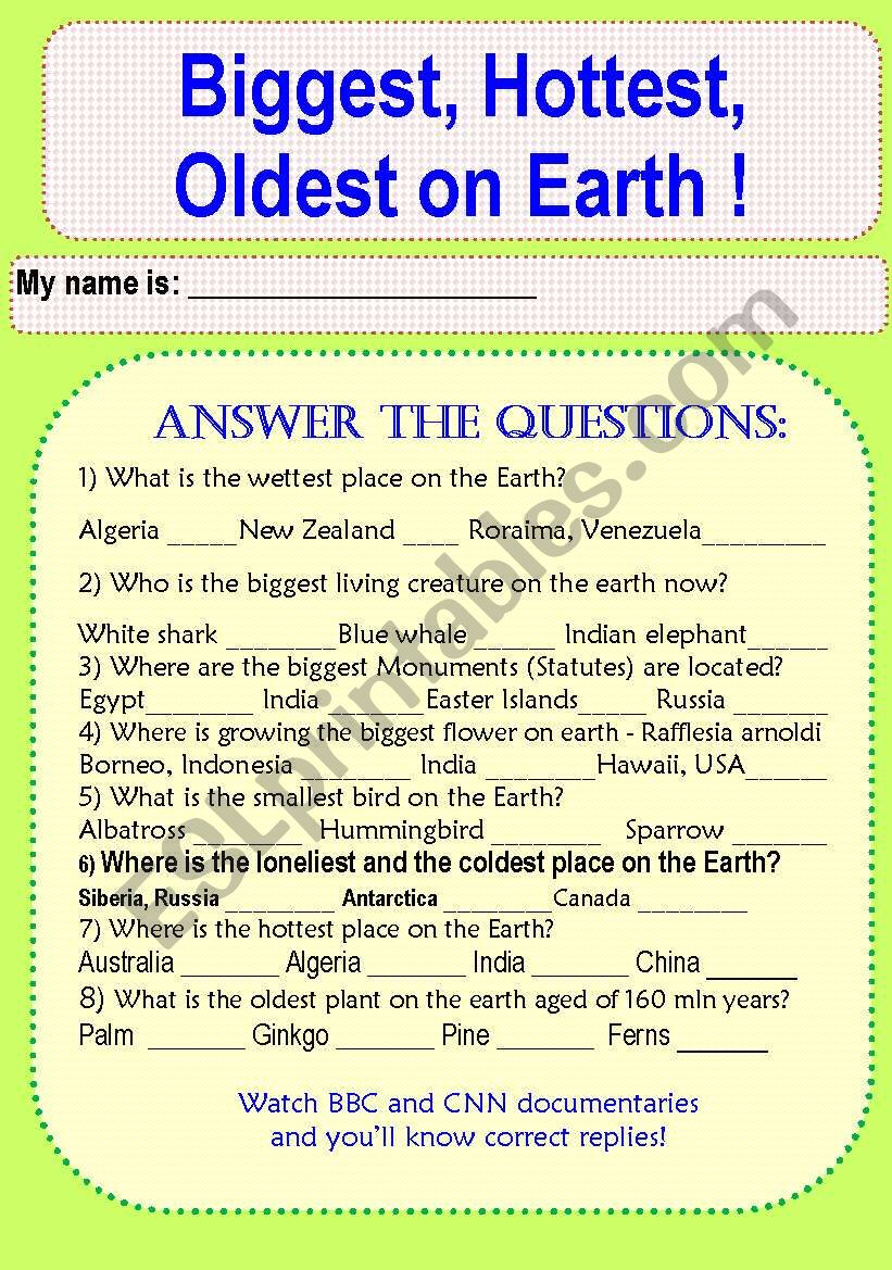 Hottest, Biggest, Oldest FACTS on the Earth. Questions in Classroom.