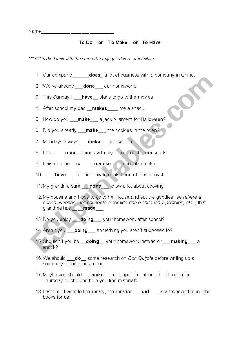 To have vs to do vs to make worksheet