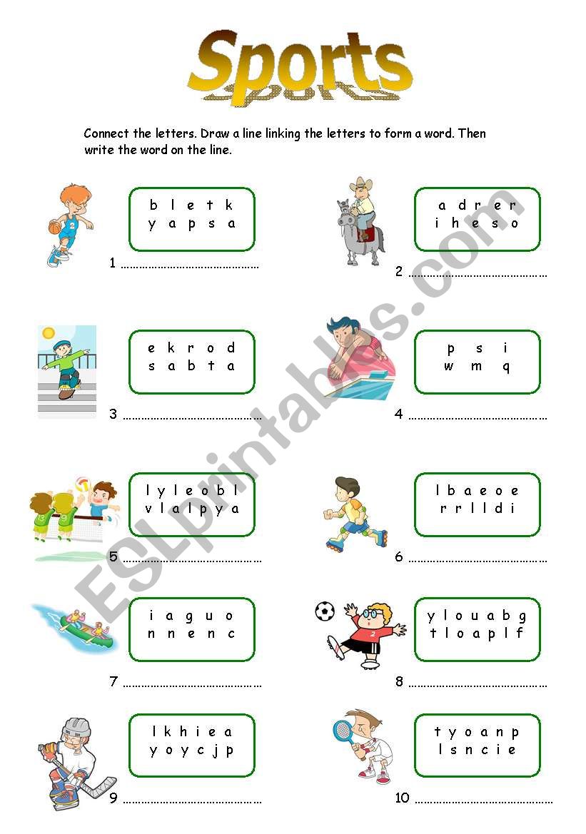 Sports: Connect the letters worksheet