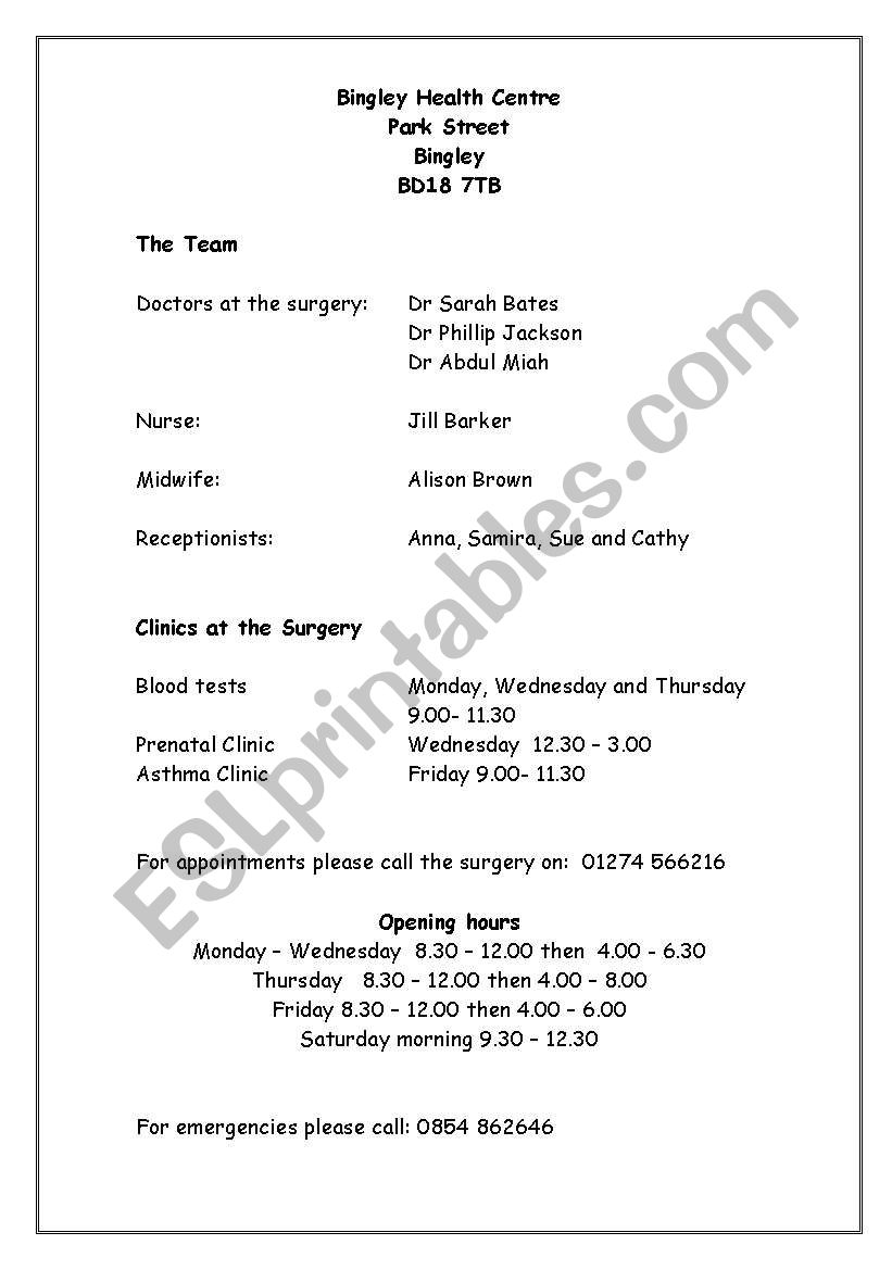 Reading Drs Leaflet worksheet