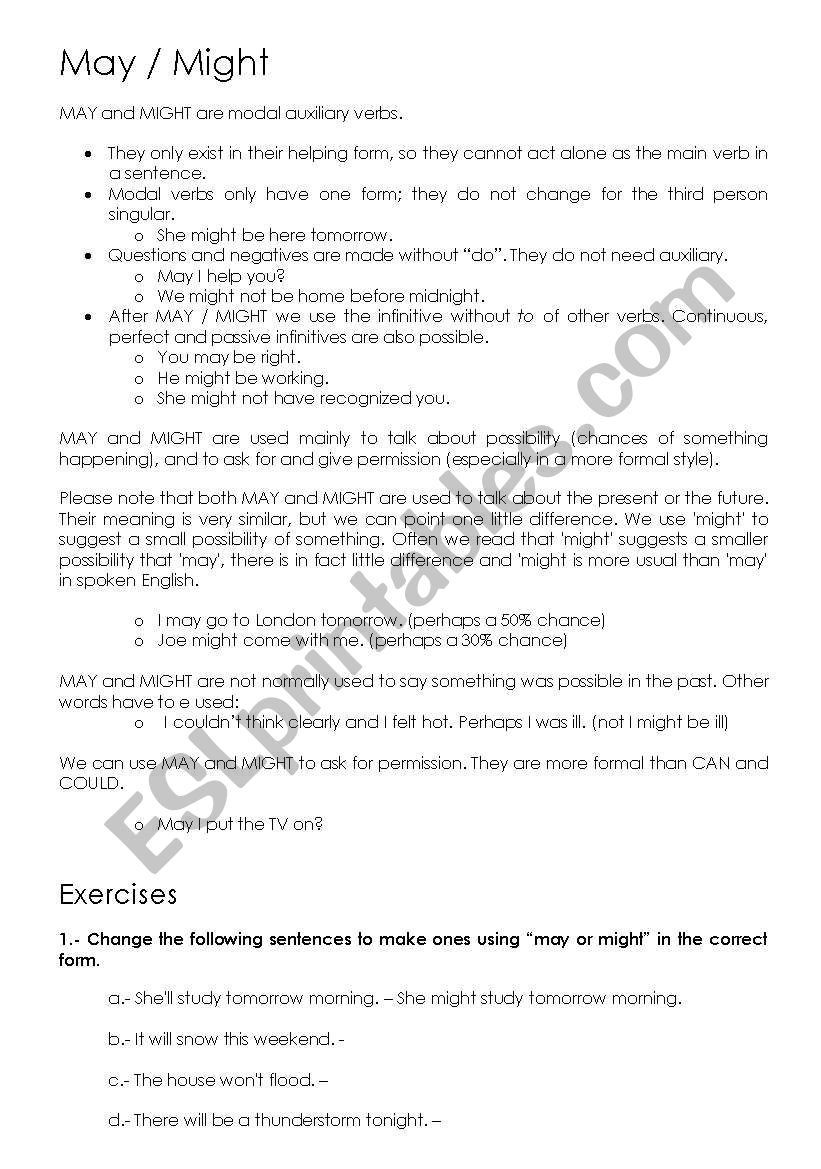 May and Might worksheet