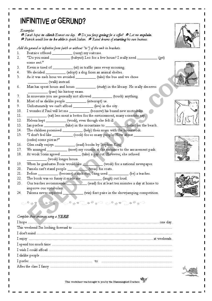 Infinitive or Gerund? Worksheet for Adult Learners (B/W version)