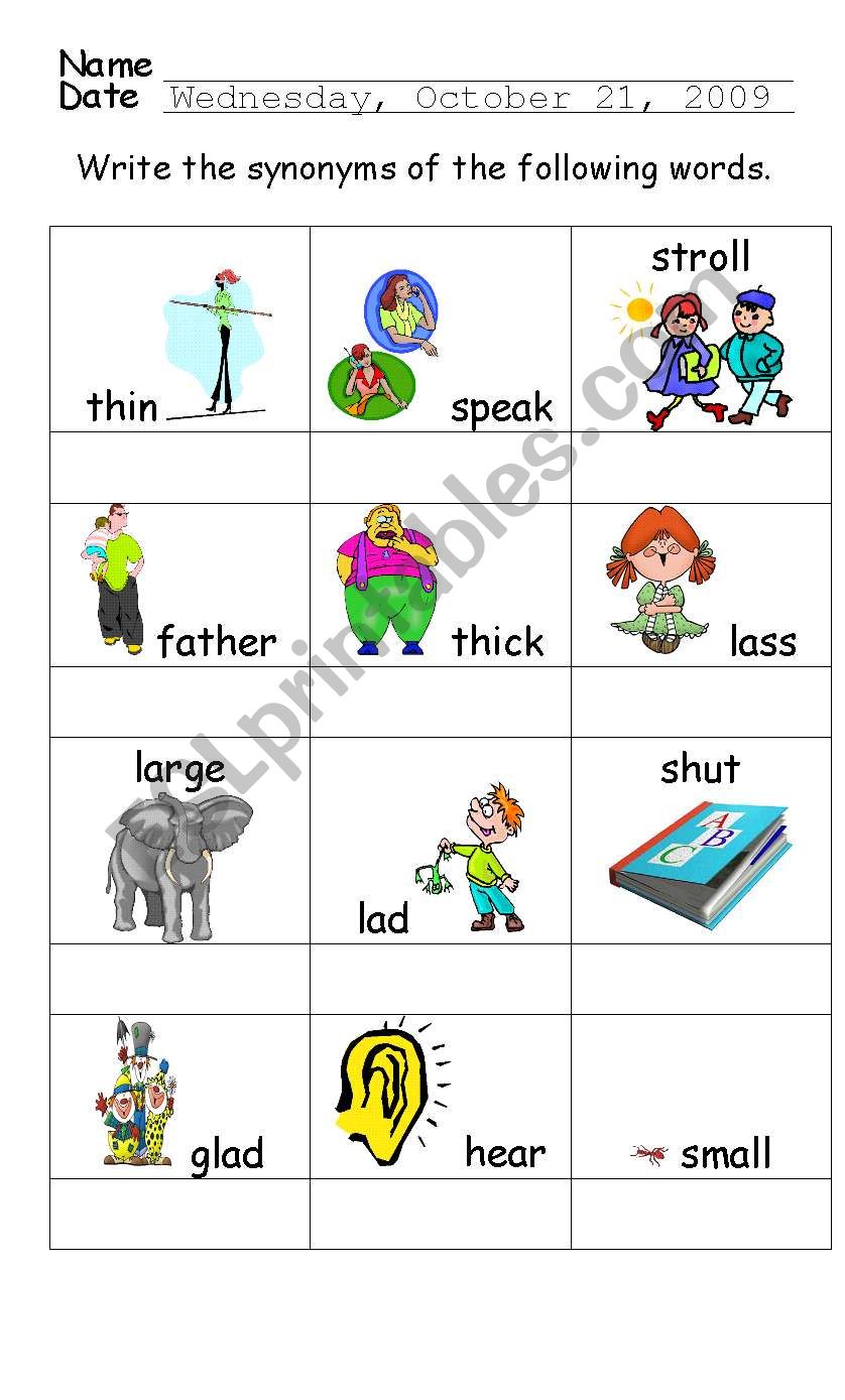 Synonyms worksheet