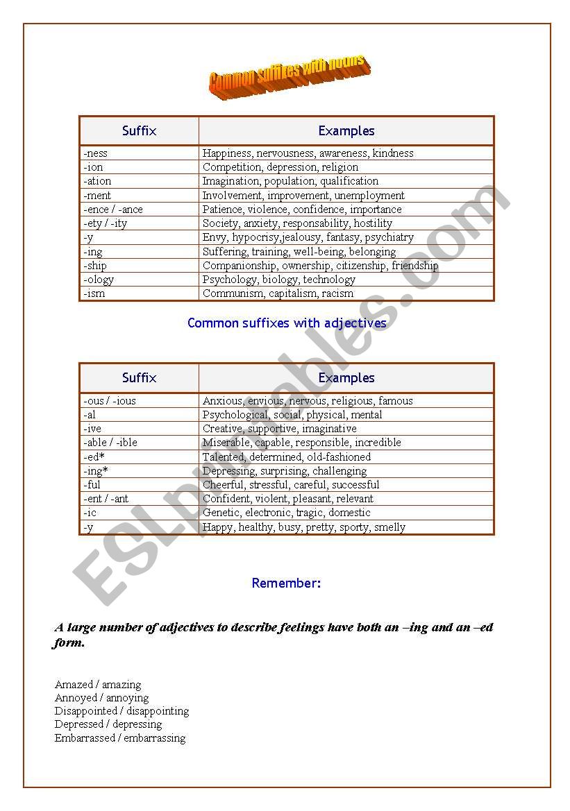 Common suffixes with nouns worksheet