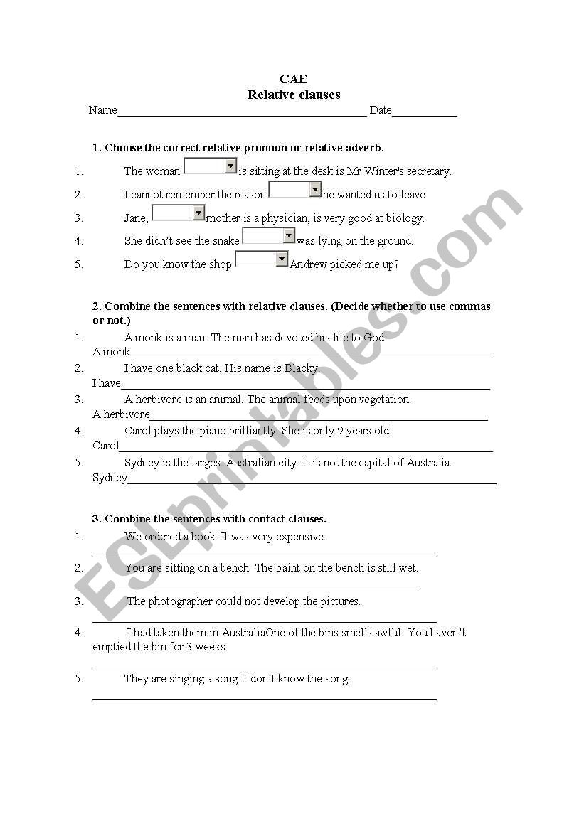 CAE relative clauses worksheet