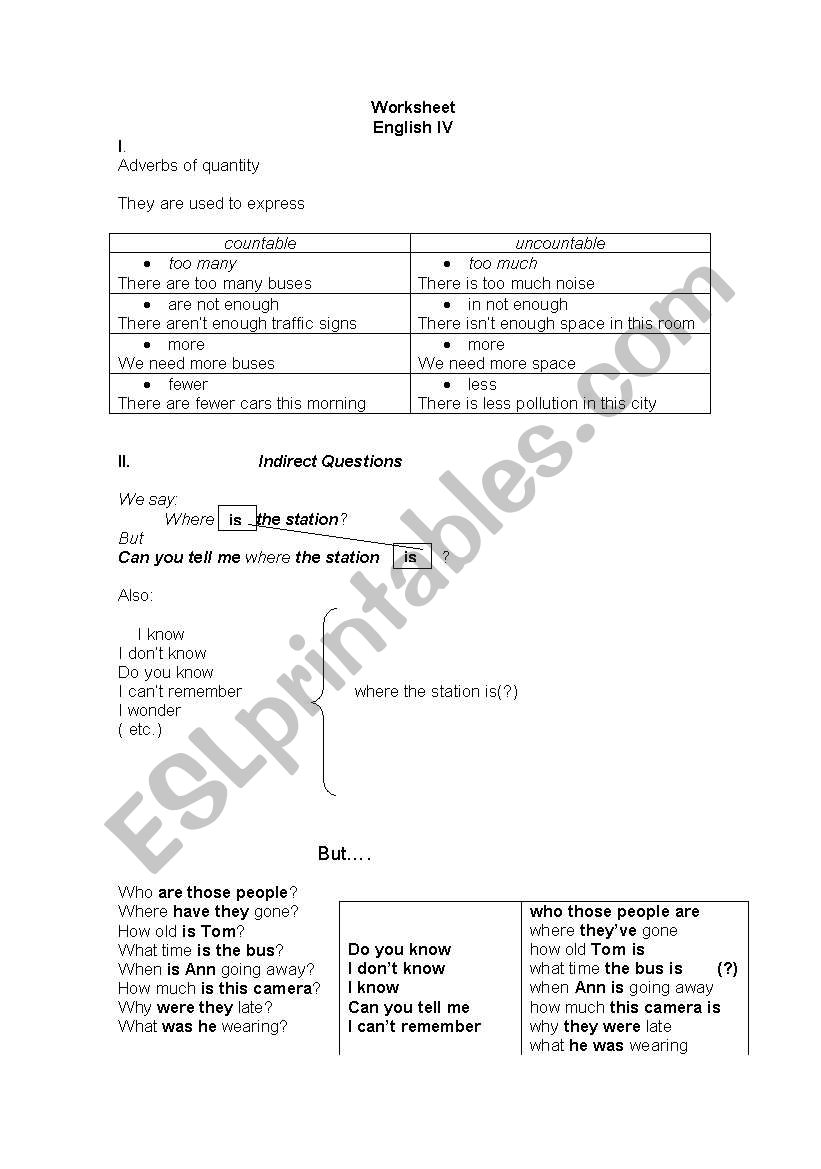 Indirect Questions, adverbs of quantity